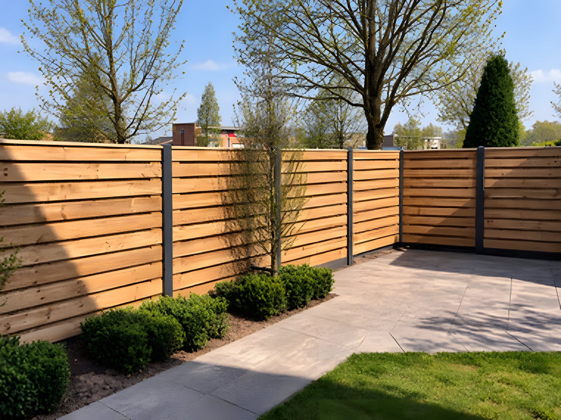 Houten schutting met bestrating en lage hagen in een nieuw aangelegde tuin