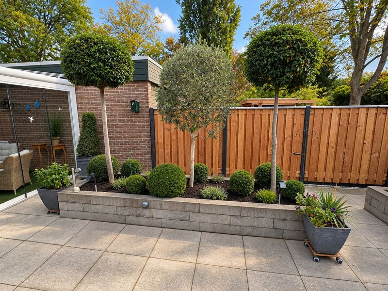 Beplante border met bomen en terras
